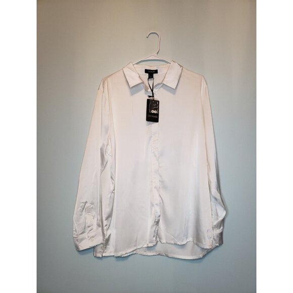 Escalier Womens Sz L Blouse Hidden Button Front Long Sleeve White Silky Top NWT - Picture 3 of 9